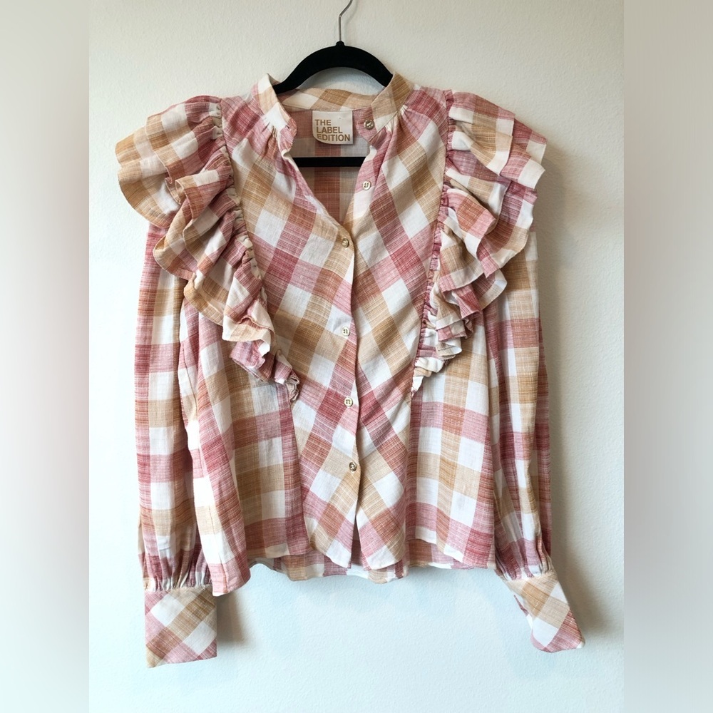 The Label Edition Ivory Orange and Red Plaid Ruffle Blouse Size S